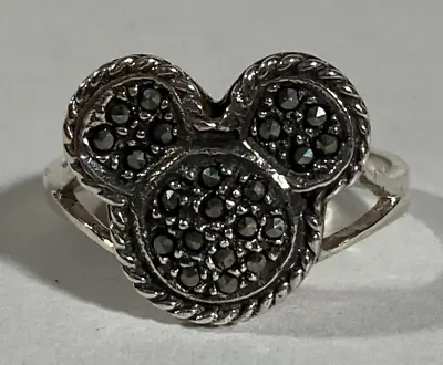 MICKEY MOUSE Head Silhouette 925 Sterling Silver & Marcasite Ring Size 7.5 • $28.95