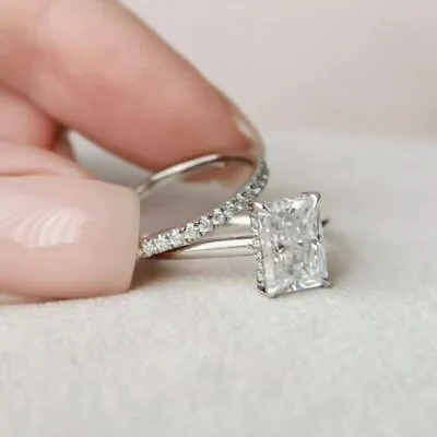 Bridal Ring Set Engagement 2.65ct Radiant Moissanite Band 14k White Gold Plated • $197.99