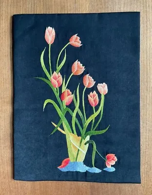 VTG Traditional Embroidery Peach Red Tulips On Black Fabric Flowers Wall Decor • $15