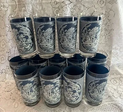 Royal China Currier Ives White On Blue Glass 12OZ. Tumbler Old Grist Mill Set 13 • $79.99