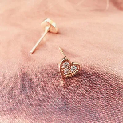 Gold Plated 925 Sterling Silver Cute Love Heart CZ Stud Earrings Women Girl Gift • £3.16