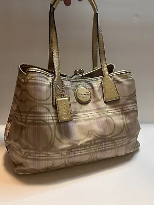 COACH  Signature Plaid Carryall Handbag/Shoulder Bag Gold Metallic  F17213  EUC • $109