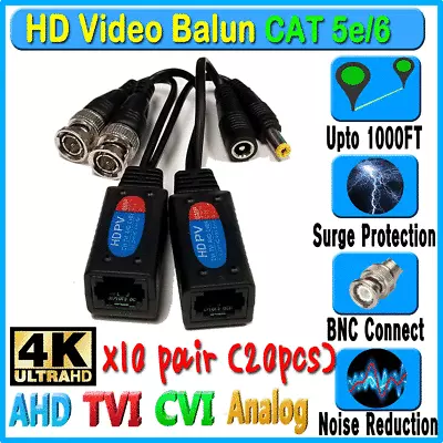 HD Balun 10 Pair 20pcs CCTV BNC Video Power CAT5e 6 Surge Protect 1080P 5mp 8MP • $61.99