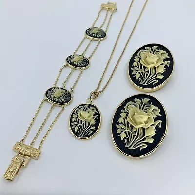 Signed LJ Lind China 14k GE Floral Cameo Jewelry Set Necklace Bracelet Brooches • $69.95