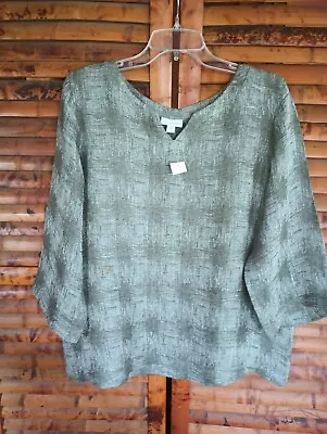 NWT J Jill Pure Jill 3/4 Sleeve Linen Blend Olive Green Gray Top Size Large • $19.99