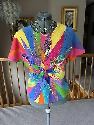 Michael Simon M Short Sleeve Sweater Colorful Sequin Star Rainbow Mothers Day • $110