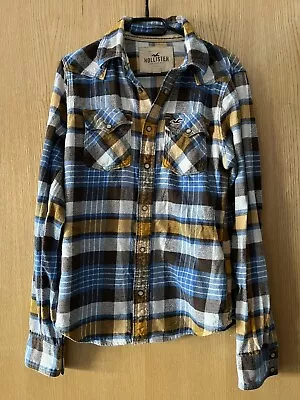 £10 • Buy Men’s Yellow And Blue Checked Pearl Snap Flannel Shirt Size Small Hollister 