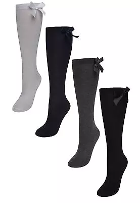 £7.99 • Buy 6 Pairs Of Girls Bow Knee High Socks, White Grey Black Ribbon Long School Socks