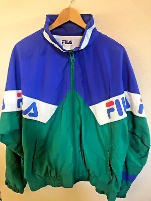 90's Vintage FILA Men's Windbreaker Jacket Blue/White/Green Zip Up Pockets Large • $42