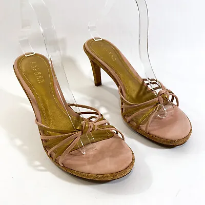 Lauren Ralph Lauren Sarina Sandal Open Toe Gold Pink Suede Strappy Heels 8/8.5 ? • $44.99