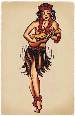 Ukulele HULA Girl Vintage Sailor Jerry Pin Up Tattoo Poster Hawaii Grass Skirt • $6