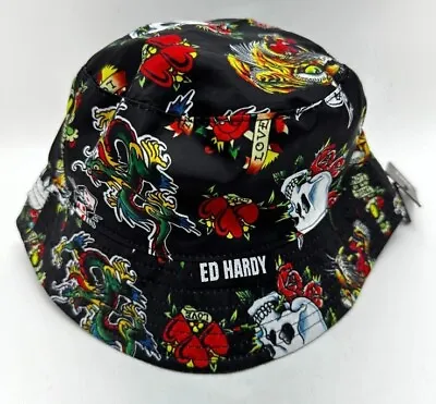ED Hardy Bucket Black Hat All Over Print Dragon Skull Limited Edition AX10625H • $20.94