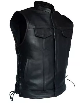 Men's Black Leather Vest SOA Motorcycle Concealed Side Laces Biker Waistcoat • $89.99