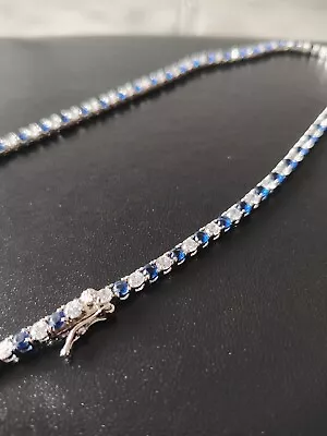 925 Sterling Silver Iced Out Blue And White Tennis Chain Necklace 17  - 3mm CZ • £85