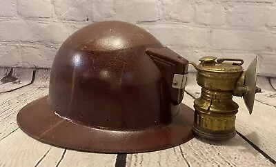 Vintage Miners Hard Hat W/ Brass Carbide Lamp Auto Lite Lamp Helmet • $213.59