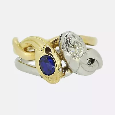 Edwardian Sapphire And Diamond Double Snake Ring - 18ct Yellow Gold & Platinum • £7550