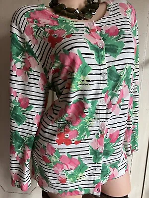 Merona Sweater Cardigan Pink Green Floral Black Stripe Button Down XXL Gorgeous! • $9.77