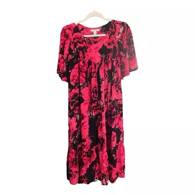 Go Softly Patio Womens Large Pink Black Floral Kaftan Midi Flutter Sleeve Dress • $30