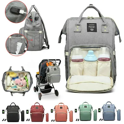 LEQUEEN Waterproof Baby Nappy Diaper Bag Mummy Maternity Pure Color USB Backpack • £39