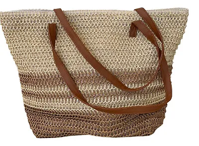 £14.49 • Buy Fat Giraffe Large Beige Stripped Basket Weave Effect Beach Bag Beachbag