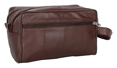 £15.90 • Buy Large LEATHER WASH BAG Zipped Sections Brown Toiletries Toiletry Travel Handmade
