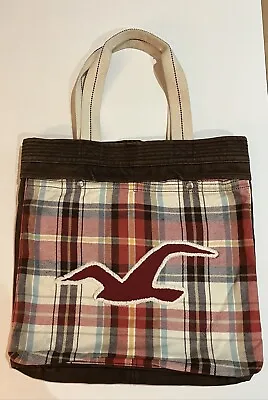 HOLLISTER Red Logo Flannel Red Brown White Plaid Tote Bag • £19