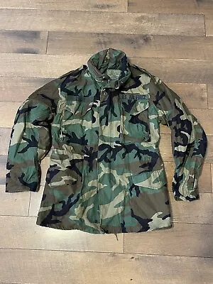 Vintage US BDU Military Woodland Camo Cold Weather M65 Parka Jacket Sz S Tall • $54.99