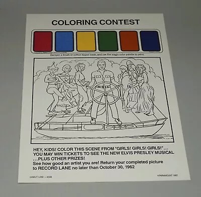 Rare 1962 Elvis Presley Girls! Girls! Girls! Coloring Contest Premium Sheet 9x12 • $3.25