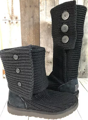 Women’s UGG “CARDY  Black Knit Boots Large Buttons Wear Tall Or Fold Over Size 7 • $43.69