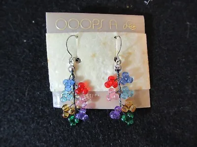 Vintage Pastel Plastic Flower Beaded Dangle Earrings OOOPS A   NOS 1 1/4  • $9.99