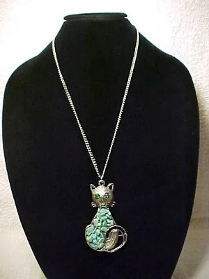 Vintage Silver Tone Green Rhinestone Eyes Polymer Turquois Cat Pendant Necklace • $14.99