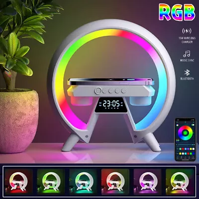 Smart Wireless Charger Alarm Clock Night Light Radio Lamp Bluetooth Speaker RGB • £12.99