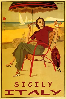 Summer Travel Sicily Italy Beach Sailing Dancing Vintage Poster Repro FREE S/H • $17.90