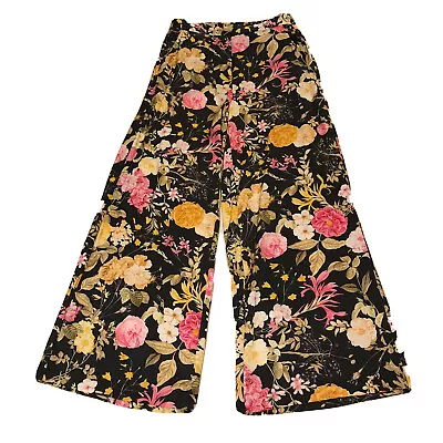 DECJUBA Demi Wide Leg Satin Pants Size S 10 Black Floral Elastic Waist Pockets • $49