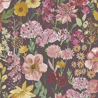 Aubergine Wildflower Floral Wallpaper Grandeco Pink Green Yellow Natural Flower • £13.99