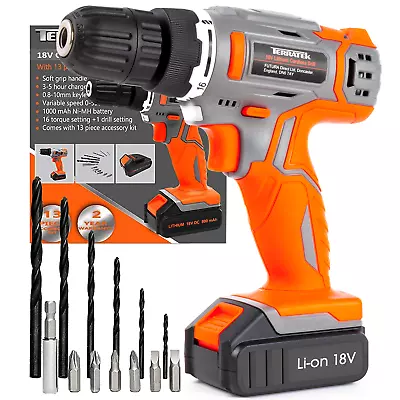 Cordless Drill Driver 18V Battery Li-Ion Combi Drill & 13pc Accessory Bits Kit • £29.99