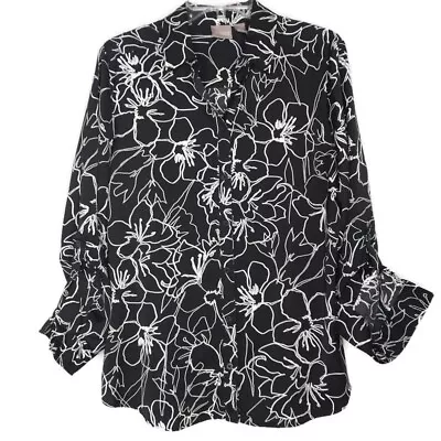 Chico's Womens Blouse Size 2 Long Sleeve Button Front V-Neck Black White Floral • $14.97