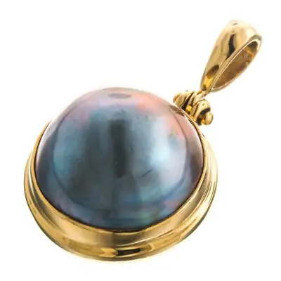 925 Silver Pacific Blue Mabe Pearl 24k Gold Vermeil Sterling Pendant 1 1/8  • $38.95