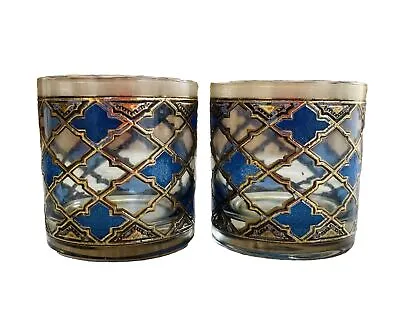 Mid Century Blue Gold Encrusted Lattice Morrocan Lowball Glasses Culver RARE • $149.99
