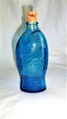 Vtg 7.5  Blue Wheaton Dr Frisch's Bitters Fish Bottle W Cork Stopper Signed • $9.99