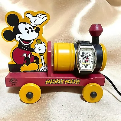 Disney 1997 Fossil Vintage Mickey Mouse Wrist Watch With Wooden Train Pull Toy • $199.99