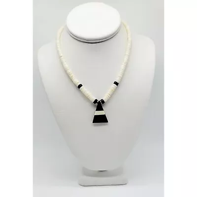 Vintage Heishi Shell Inlay Black White Triangle Native Style Bead Necklace N16 • $24.99