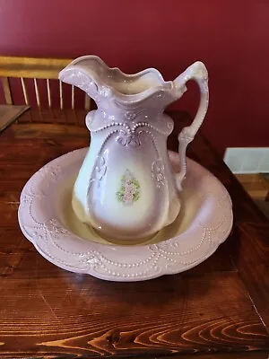 Vintage Ironstone Large Purple With Roses Ceramic Pitcher And Wash Bowl • $25