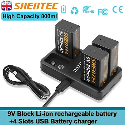 9V Block 6F22 Lithium 9 Volt Rechargeable Batteries / 4 Slot USB Fast Charger • £46.91