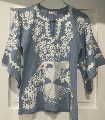 Vintage Mexican Sz. 32/us 8 Embroidered 100% Cotton Tunic Ornate Bird Pattern • $48