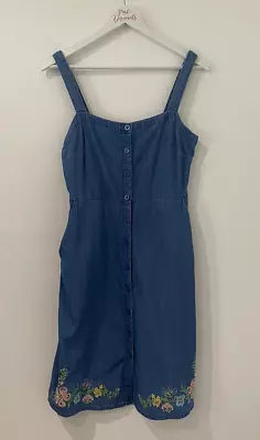 Cath Kidston Size 10 Denim Pinafore Sleeveless Embroidered Western Pockets Dress • £39.99