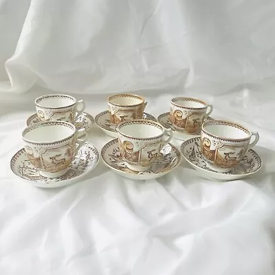 Vintage Brown Transferware 6 Bone China Cups & Saucers C Allerton Stag Fan • £15