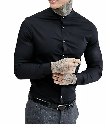 Men's Grandad Long Sleeve Shirts Smart Casual Slim Fit Shirt Mandarin PS30 • £11.99