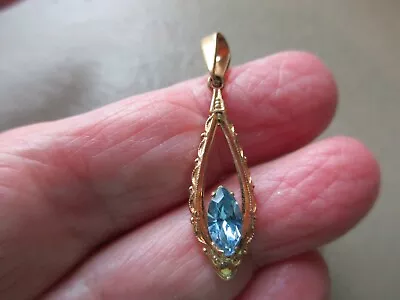 Antique Vintage Art Deco Gold Ptd Blue Topaz Teardrop Fob Charm Pendant Necklace • £0.99