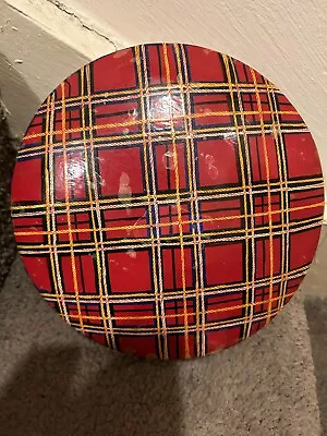 LARGE ANTIQUE TARTAN WARE PAPIER MACHE BOBBIN CHOCOLATE CIRCULAR BOX 6 Inches • £32